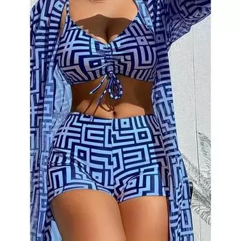 [Синее бикини] Синий полосатый комплект бикини из трех частей | Подходит для пляжа и побережья S разноцветный