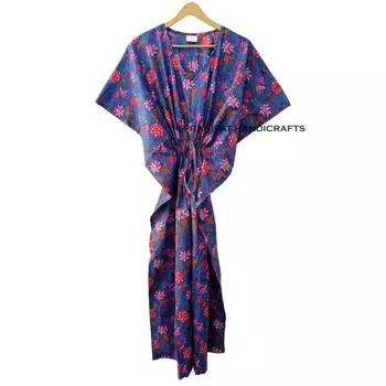 Синее хлопковое цыганское макси-пляжное платье с индийским цветочным принтом, женское платье-кафтан CKFTN-SCRN-FULL-BUYIT-169