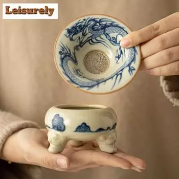 Синее и белое чайное ситечко с узором «Дракон» для травяного чая, фильтр для заваривания чая, набор для заваривания чая «Чао»