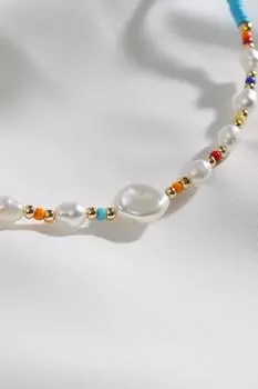 Синее колье из бисера Fimo с жемчугом