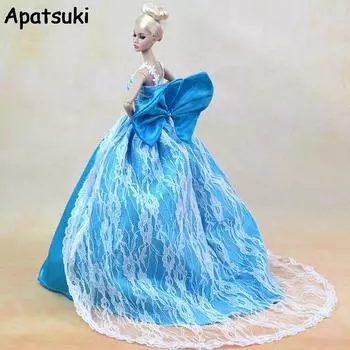 Синее кружевное свадебное платье с бантом для куклы Барби, одежда 1:6, вечерняя одежда, длинные платья, кукольная одежда для кукольного домика Барби синий