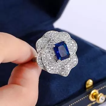 Синее квадратное бриллиантовое цветочное кольцо с регулируемым дизайном, легкое, роскошное, блестящее, AAAA, полностью бриллиантовое, высокочувствительное женское ювелирное изделие синий