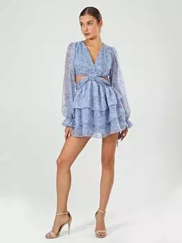 Синее мини-платье из шифона с узором и низкой посадкой
