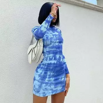 Синее облегающее платье с длинным рукавом, женское мини-платье с высоким воротником и чернильным принтом, осеннее эластичное вечернее платье в рубчик S синий