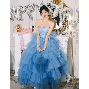 Синее платье-бюстье свадебное милая мода супер фея мужской стиль легкая роскошь на открытом воздухе пышная пряжа S синий