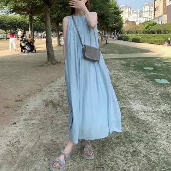 Синее платье, летние женские подтяжки без рукавов, жилет, юбка, повседневные платья для пляжного отдыха S синий