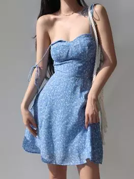 Синее платье на шнуровке с цветочным принтом в стиле ретро для девочек, летнее платье-бретелька, женская юбка с завышенной талией и узкая короткая юбка-трапеция S синий