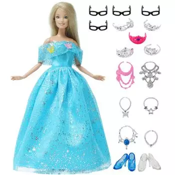 Синее платье принцессы с пластиковыми украшениями, модная одежда для кукол Барби, аксессуары, игрушка для девочек(НЕТ КУКЛЫ)