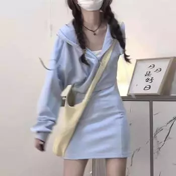 Синее платье-свитер с капюшоном для детей, начало осени 2024 г., новая французская юбка с длинными рукавами и длиной до бедра S синий