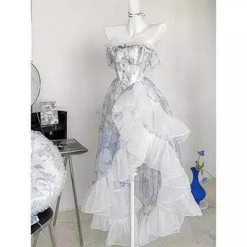 Синее платье-труба с цветочным принтом для женщин, летнее винтажное длинное платье принцессы L разноцветный