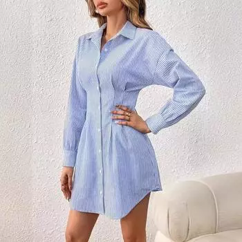 Синее полосатое платье-кардиган с воротником-стойкой S