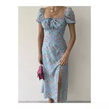 Синее розовое платье миди с разрезом и цветочным принтом