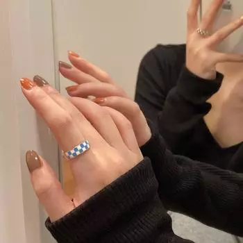 Синее шахматное кольцо в клетку с капельным остеклением Женское открытое кольцо Регулируемое кольцо