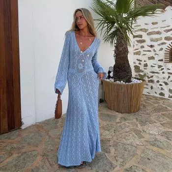 Синее трикотажное платье Hollow для женщин с V-образным вырезом и длинными рукавами, сексуальное, прозрачное, свободное, повседневное, летнее S синий