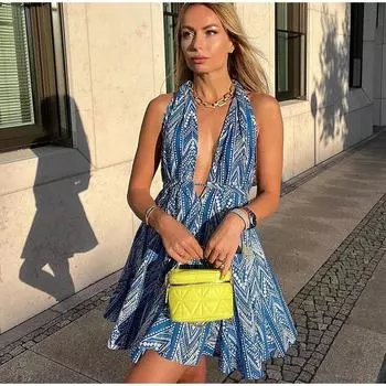 Синее женское эластичное платье с открытой спиной и оборками, без рукавов, короткое женское платье L синий