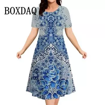 Синее женское платье с 3D-принтом и цветочным принтом больших размеров, летняя одежда, модное свободное платье А-силуэта с коротким рукавом, повседневные платья больших размеров S