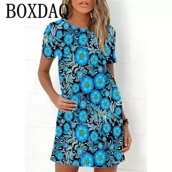 Синее женское платье с цветочным принтом, элегантное, милое, повседневное, с коротким рукавом, свободное, А-силуэтное платье, летнее, пляжное, женское, сарафан S