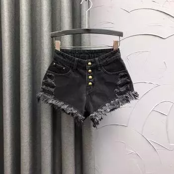 Single Breasted Fashionable Stylish Raw Hem Wide Legs Denim Shorts Black [high quality]] M