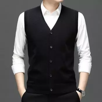 Single Breasted Pullover Autumn Sleeveless Vests Men Work Sweater Knitted Male Waistcoat Jumper Pullovers XXXXL чёрный