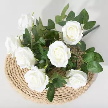 Single Of Bouquet Nine Head Roses Artificial Fake Flowers Wedding And Home Decor White