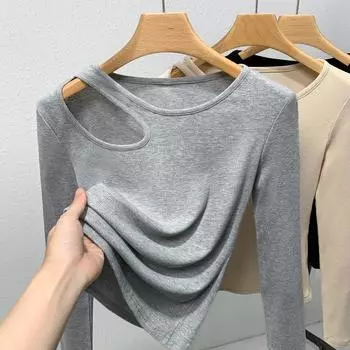 Single Piece Thread Base Shirt for Women New Women s Solid Color Round Neck Long Sleeve T-shirt with Sexy Hollow Shoulder Top S