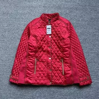 Single Plus Size Women s Clothing Diamond Lattice Elastic Stitching Women s Quilted Thin Cotton Outwear Floral Quilted Cotton Stand Collar Cotton Top Red stretch Patchwork rhombic cotton-padded coat L