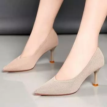 Single shoe girl 2025 spring and autumn new Korean version pointed head shallow mouth fashion versatile knitted sexy stiletto fairy high heels 34 чёрный