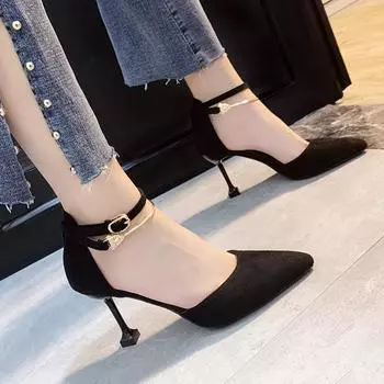 Single shoes female 2025 summer versatile French girl Internet celebrity shallow mouth strap pointed high heels female stiletto fairy style 34