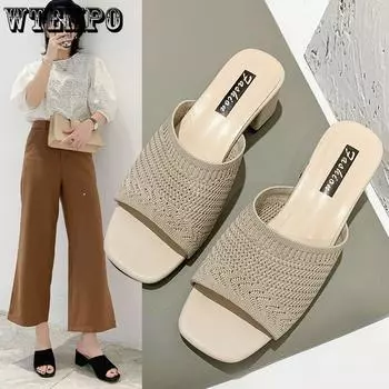 Одиночные туфли с сеткой на толстом каблуке, женские летние босоножки среднего размера с квадратным носком, женская обувь большого размера 35 жёлтый