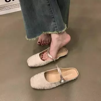 Single shoes Mary Jane women s new 2024 spring and summer shoes temperament flat-bottomed bag head half slippers French outer half tray 35 розовый