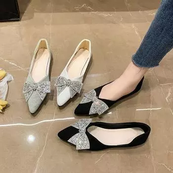 Single shoes women s 2024 new women s shoes autumn pointed head shallow mouth flat shoes women s pullover bow Doudou shoes women 35 зелёный