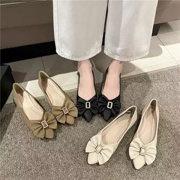 Single shoes women s 2024 spring and autumn new Korean version of fashion bow flat-bottomed Doudou shoes lazy one pedal rhinestone single shoes 35 чёрный