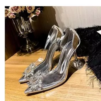 Single shoes women s 2025 spring new crystal transparent high heels thin heel pointed buckle rhinestone bridesmaid wedding shoes 34 серебряный