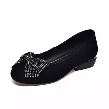 Single shoes women s early autumn new round head shallow mouth flats black sheepskin bow rhinestones 34