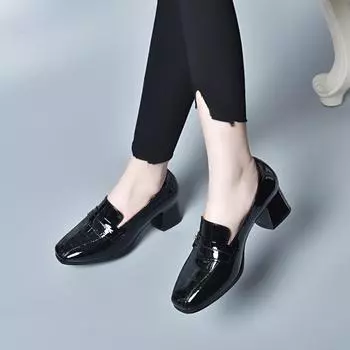 Single shoes women s spring simple temperament square heel work shoes cow patent leather shallow mouth one pedal two kinds of height leather shoes 34