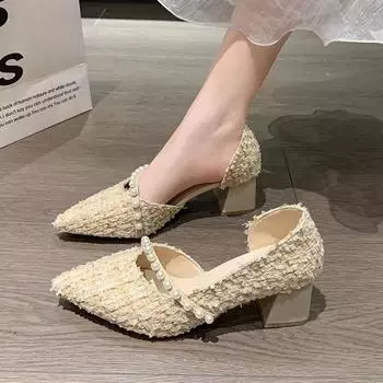 Single shoes women s thick heel pointed head spring elegant temperament medium high heels 2025 new versatile gentle evening French style A pair of half-yard pads 6.72 yuan