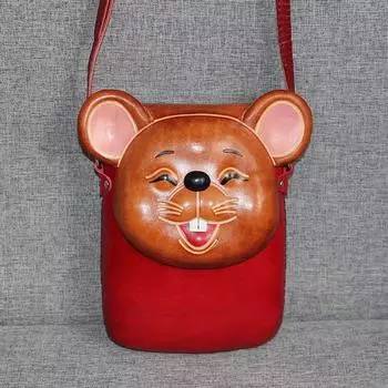 Single Shoulder 12 Chinese Zodiac Cow Cartoon Animal Handmade Vegetable Tanned Leather Red Mouse