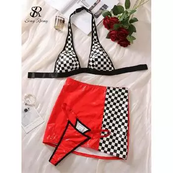 SINGREINY Женские клетчатые комбинированные сексуальные комплекты униформы Модные топы-халтеры + юбка-футляр Лингери Женские эротические облегающие костюмы с короткой юбкой S