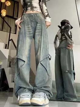 Синие американские винтажные шикарные джинсы с высокой талией Женская мода Y2K Уличная одежда Широкие брюки Женские 90-е годы Дизайн Sense Повседневные мешковатые джинсовые брюки S синий