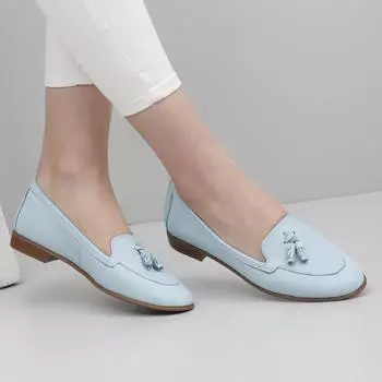 Синие антикварные женские туфли на плоской подошве из натуральной кожи с круглым носком и кисточками на плоской подошве