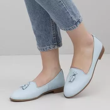 Синие антикварные женские туфли на плоской подошве из натуральной кожи с круглым носком и кисточками на плоской подошве