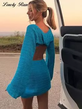 Синие ажурные платья с длинными рукавами, женские мини-женские пляжные платья с круглым вырезом, летние платья с открытой спиной для отдыха, Vestidos S синий