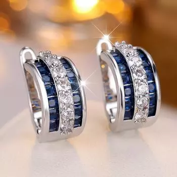 Синие белые циркониевые круглые серьги-кольца для женщин, винтажные простые свадебные украшения, маленькая пряжка для ушей серебряный/синий