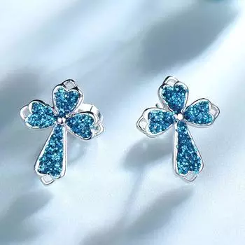 Синие блестки, не тускнеющие, серебряные серьги-гвоздики с крестиком из стерлингового серебра 925 пробы синий