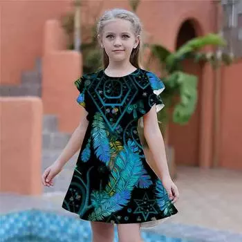 Синие блестящие платья с принтом перьев для девочек. Детское праздничное платье для девочек. Свободная облегающая юбка с короткими рукавами для девочек старше четырех лет. 80 синий