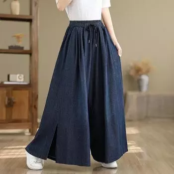 синие брюки с высокой талией и широкими штанинами женские летние однотонные повседневные джинсовые брюки женские с разрезом свободные джинсы M синий