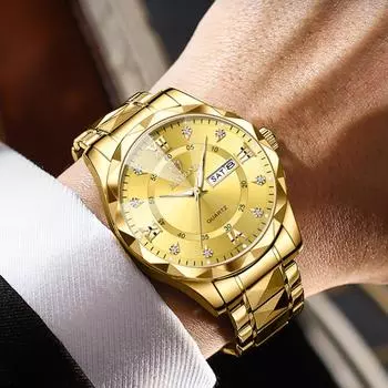 Синие часы, мужские светящиеся водонепроницаемые деловые кварцевые часы, элитный бренд, ремешок из нержавеющей стали, автоматический календарь недели золотой/чёрный