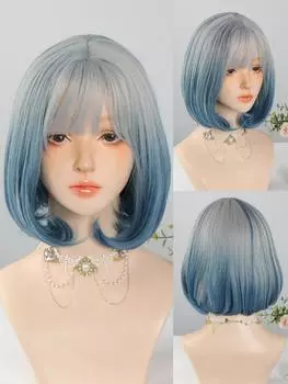 Синие чернила 14-дюймовые синтетические накладные волосы Лолита женские короткие кудрявые парики для вечеринки, Хэллоуина, косплея, парик из высококачественных синтетических волос 12inch