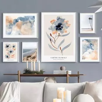 Синие чернила, большой цветок, белый песок, пляж, настенная живопись, холст, абстрактные постеры на скандинавскую тему и принты, домашний декор, фотографии для гостиной A4 21X30cm No Framed
