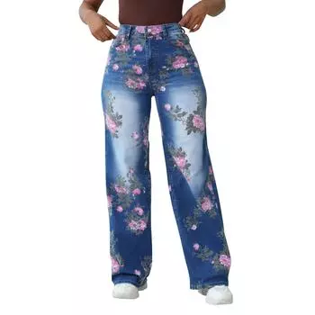 Синие цветочные карманы больших размеров, широкие брюки для женщин, джинсы L синий
